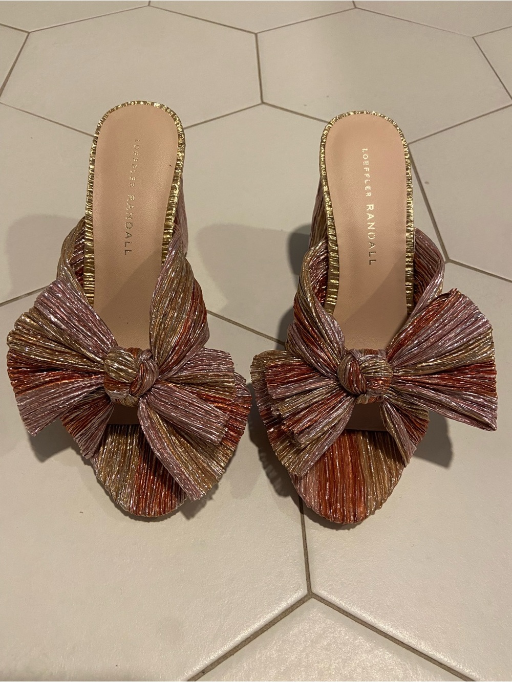 Loeffler Randall Pink and Gold Textured Bow Mules